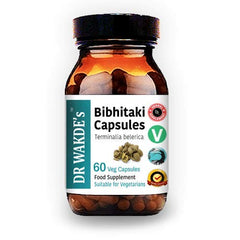 DR WAKDE'S Bibhitaki capsules bottle demonstrates vegan, additive-free daily nutrition support.