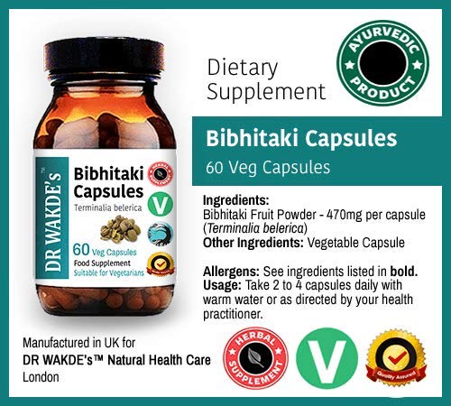 DR WAKDE'S Bibhitaki capsules ingredients label communicates Terminalia belerica origin and purity.