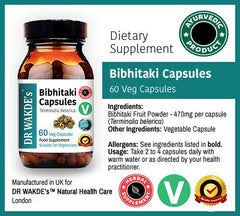 DR WAKDE'S Bibhitaki capsules ingredients label communicates Terminalia belerica origin and purity.