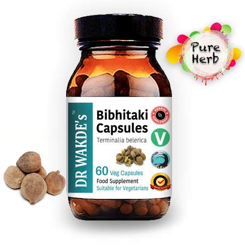 DR WAKDE'S Bibhitaki capsules pour view highlights easy-to-take 500 mg herbal cap.