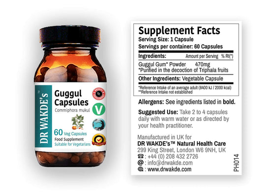 DR WAKDE'S Guggul bottle back highlighting ingredients and vegan formula