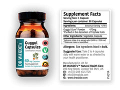 DR WAKDE'S Guggul bottle back highlighting ingredients and vegan formula
