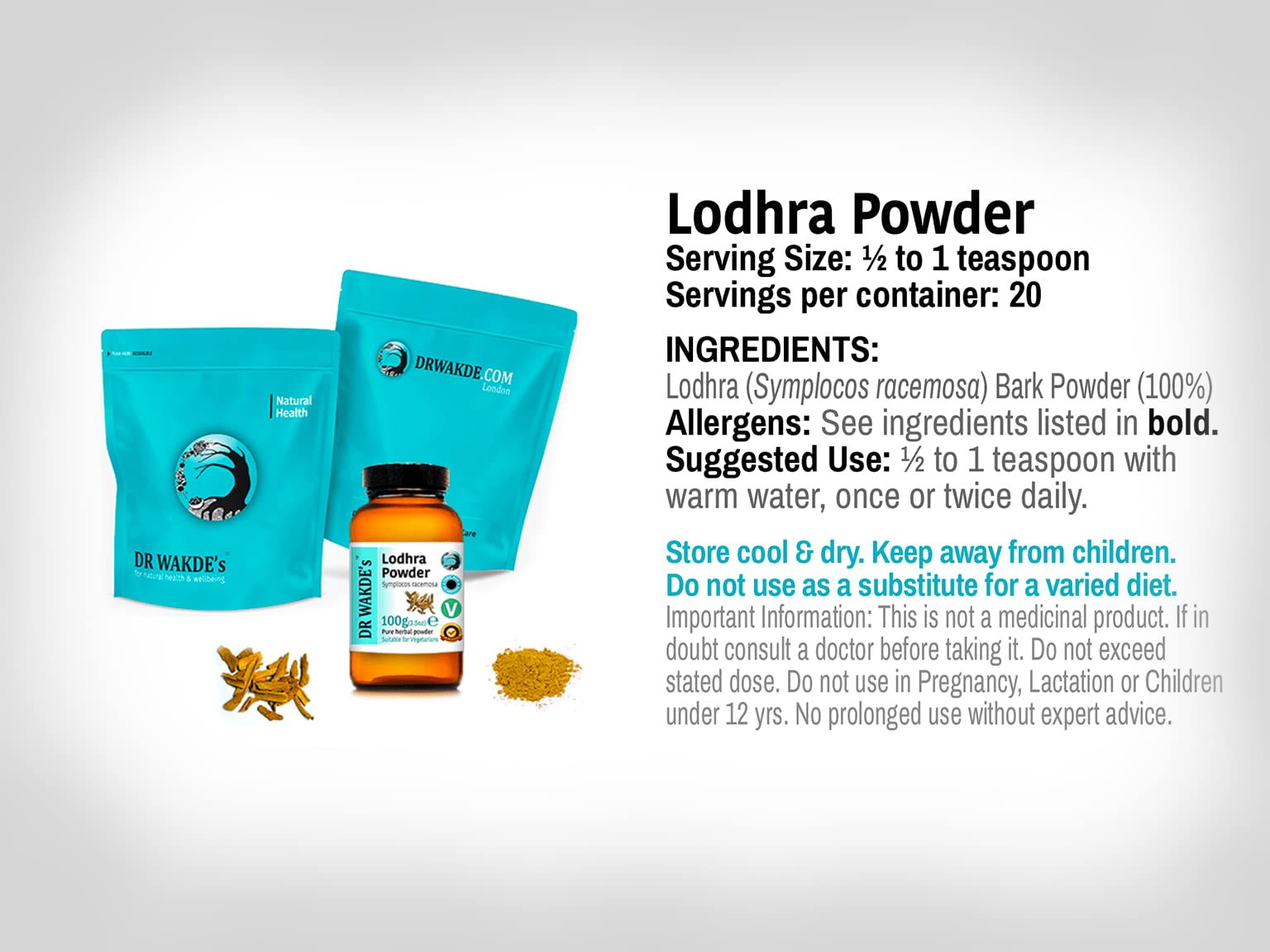 DR WAKDE'S Lodhra powder with measuring spoon, convenient daily use.