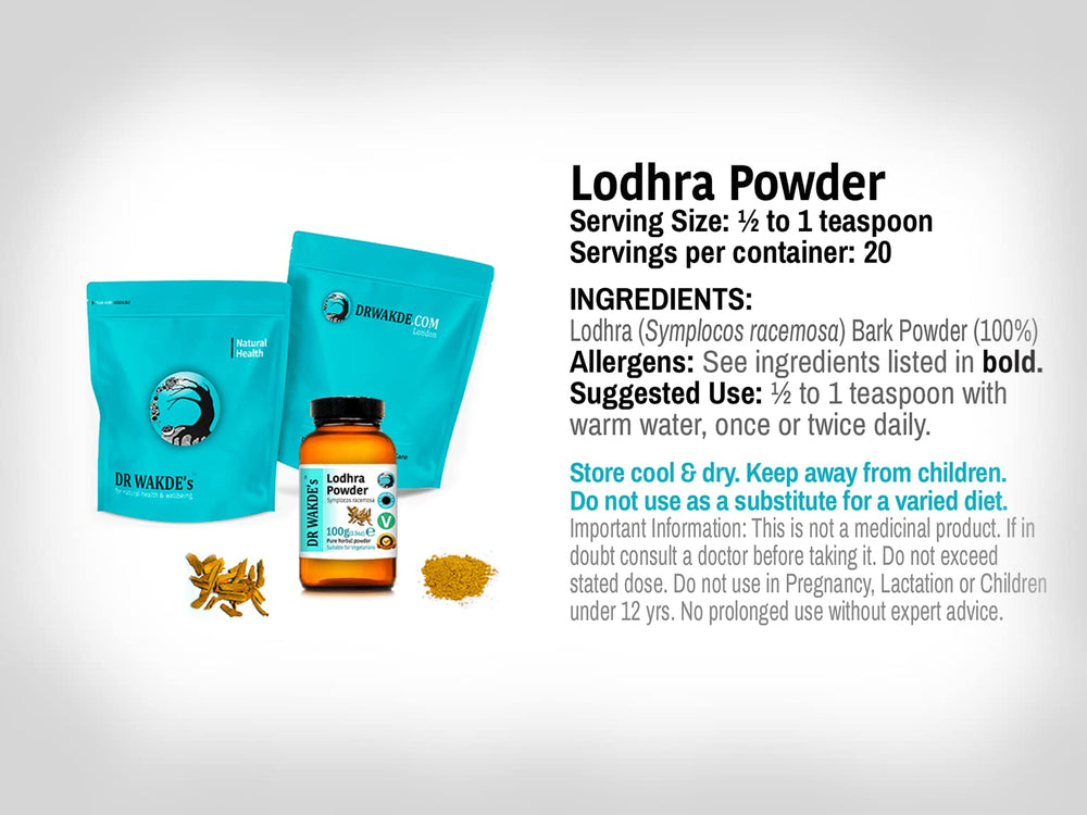 DR WAKDE'S Lodhra powder with measuring spoon, convenient daily use.
