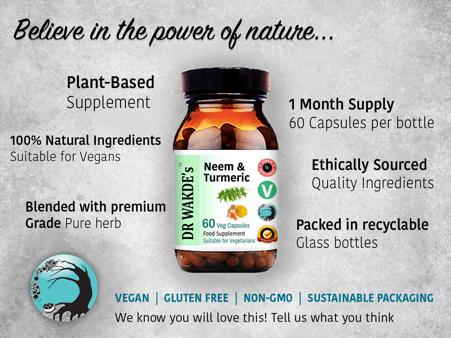 DR WAKDE'S Neem leaves and turmeric root imagery, Ayurvedic heritage.