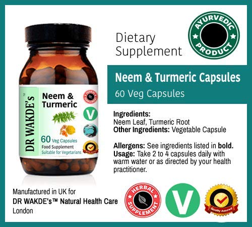 DR WAKDE'S Neem & Turmeric capsules closeup, pure herbal blend.