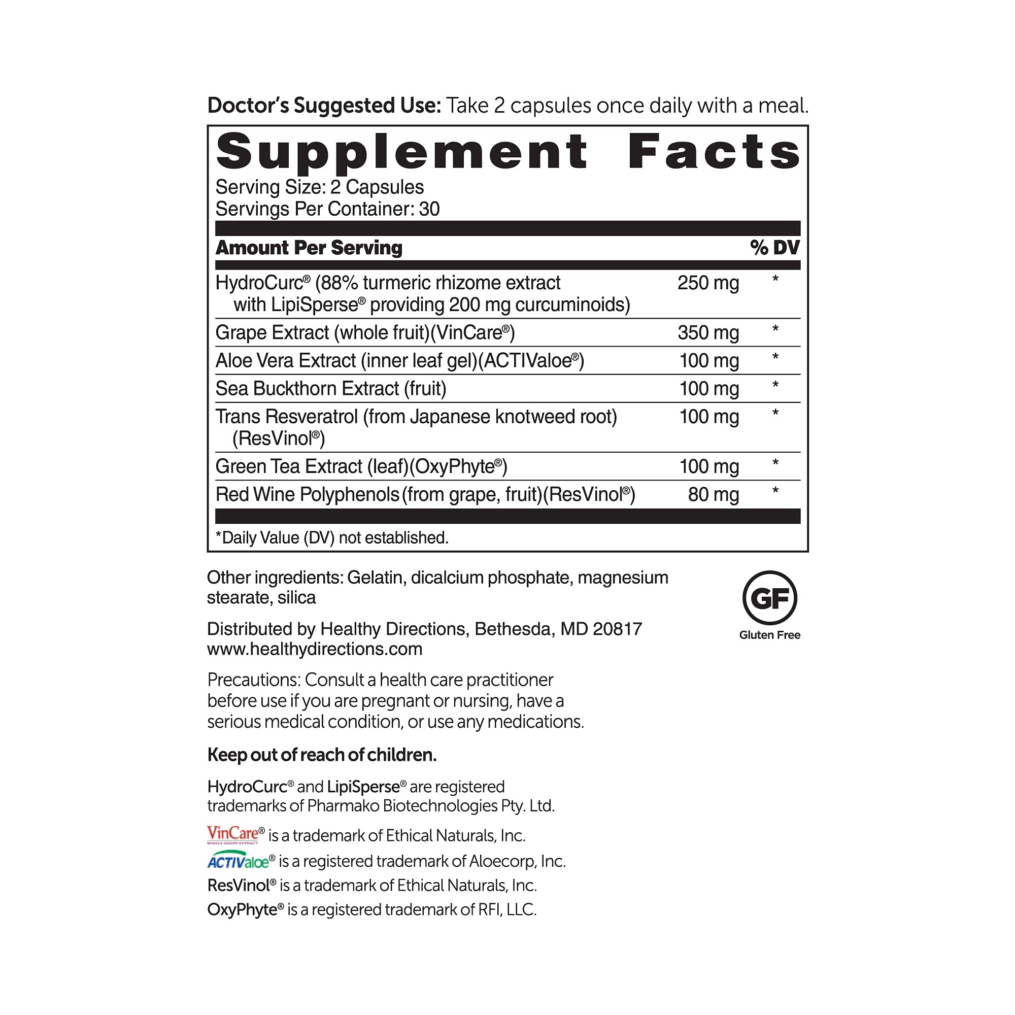 Dr. Whitaker's Triveratrol Gold label closeup emphasizing Meriva curcumin for cellular support