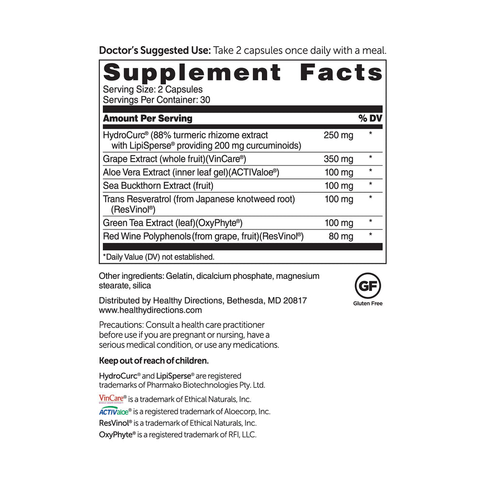 Dr. Whitaker's Triveratrol Gold label closeup emphasizing Meriva curcumin for cellular support
