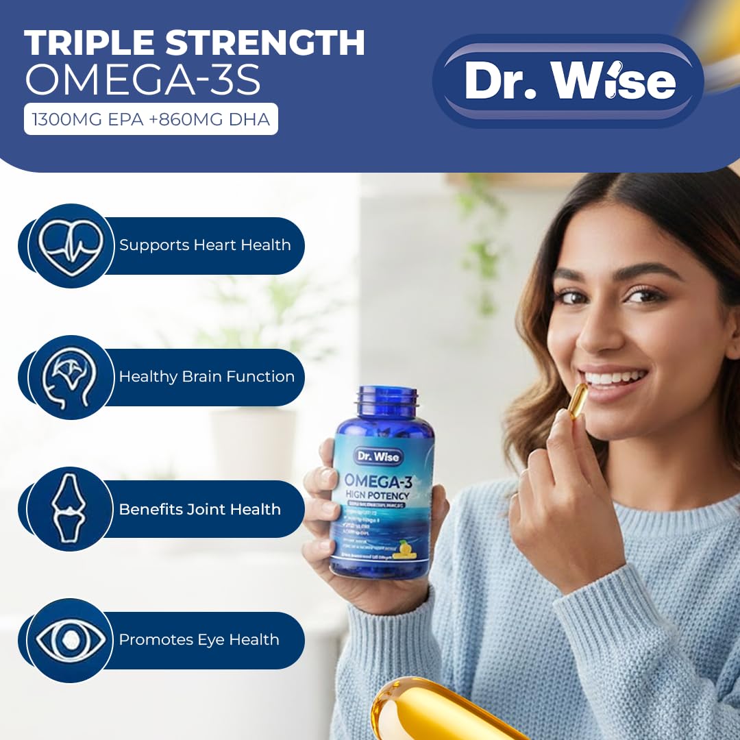 Dr. Wise lemon-flavored burpless softgels designed for easy daily intake.