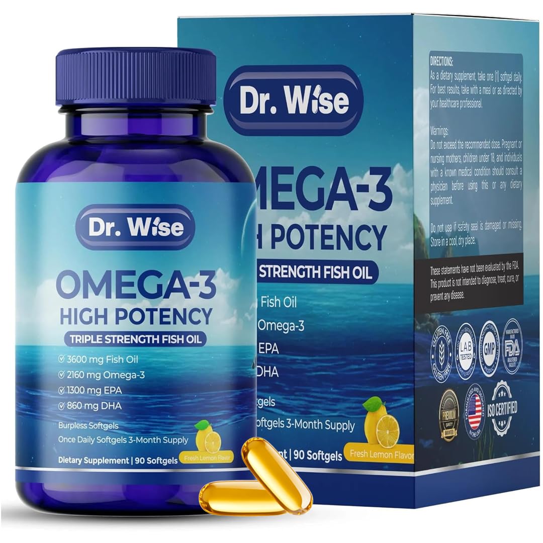Dr. Wise triple-strength omega-3 bottle showing high-potency formula for heart and brain support.