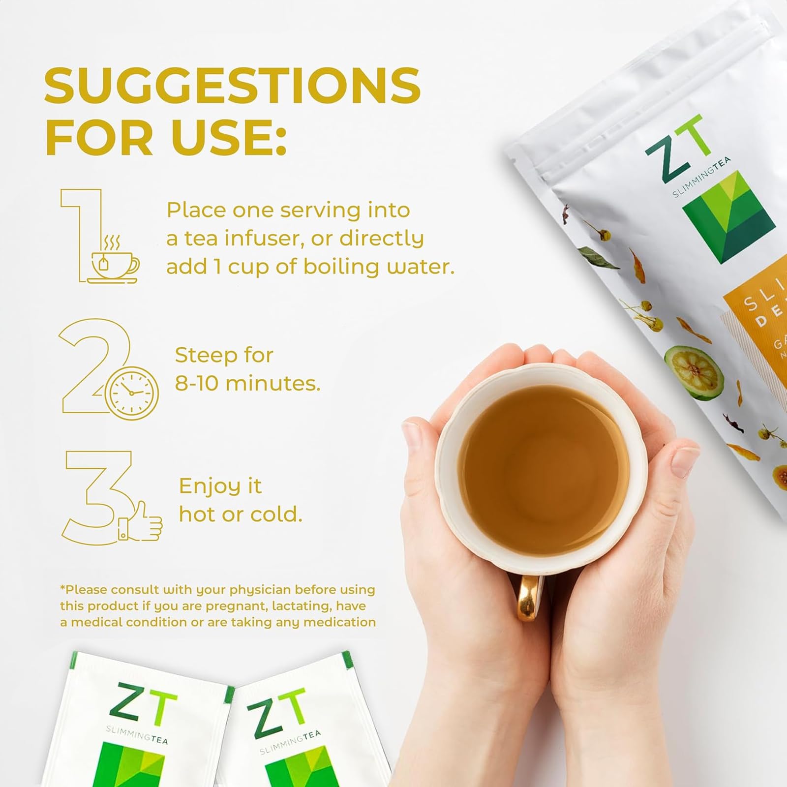 Cup of Dr. Zisman ZT Slimming Tea, warm aroma aiding digestion.