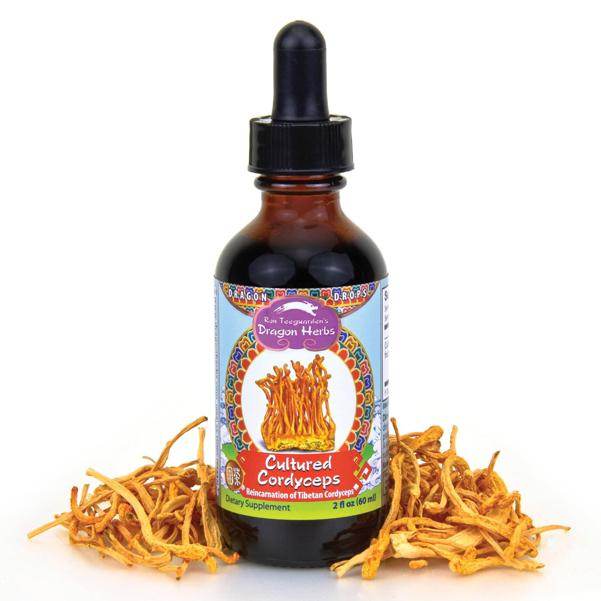 Dragon Herbs Cultured Cordyceps Drops bottle closeup reveals rich tincture ready to support daily energy