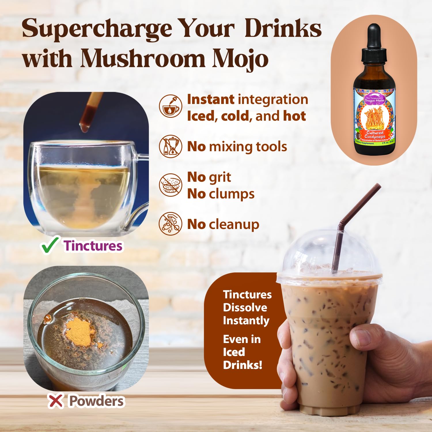 Dragon Herbs Cultured Cordyceps Drops amber liquid glows in a glass for easy dosing