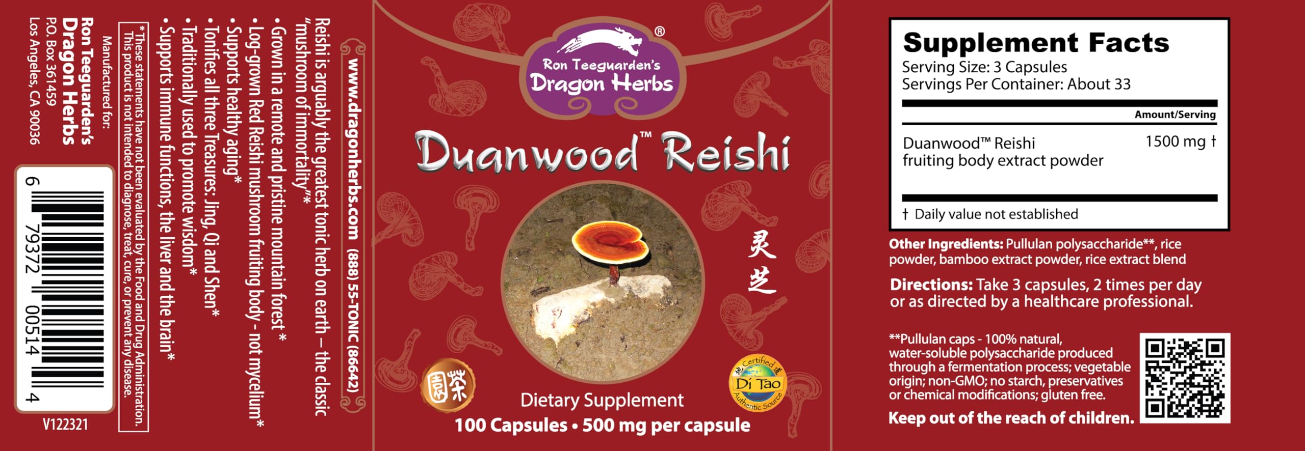 Dragon Herbs Duanwood Reishi capsules closeup highlighting convenient daily capsules