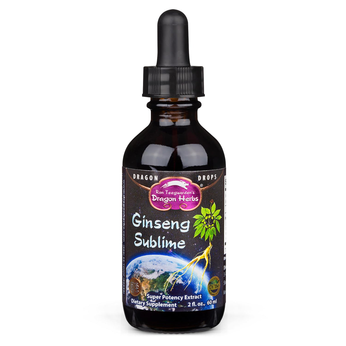 Dragon Herbs Ginseng Sublime Drops bottle close-up highlighting premium ginseng extract for energy support.