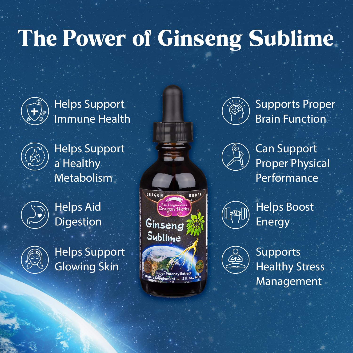 Dragon Herbs Ginseng Sublime Drops dropper in use, signaling precise dosing and versatility.