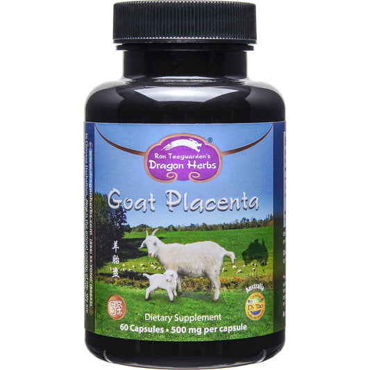 Dragon Herbs Goat Placenta Capsules bottle showing 500 mg potency for daily vitality
