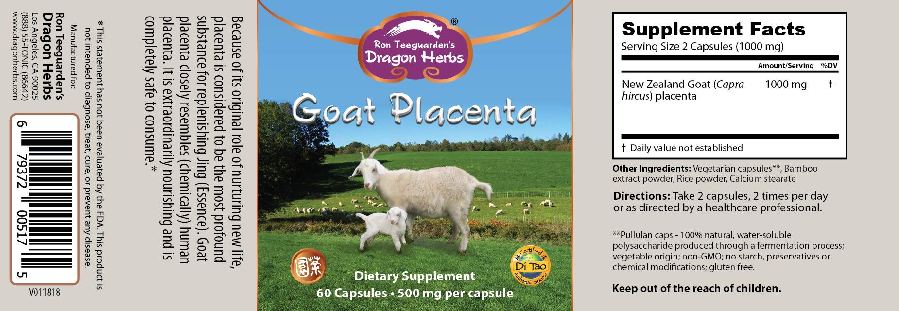 Dragon Herbs Goat Placenta capsules closeup highlighting convenient 500 mg capsules for daily use