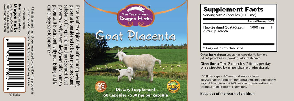 Dragon Herbs Goat Placenta capsules closeup highlighting convenient 500 mg capsules for daily use