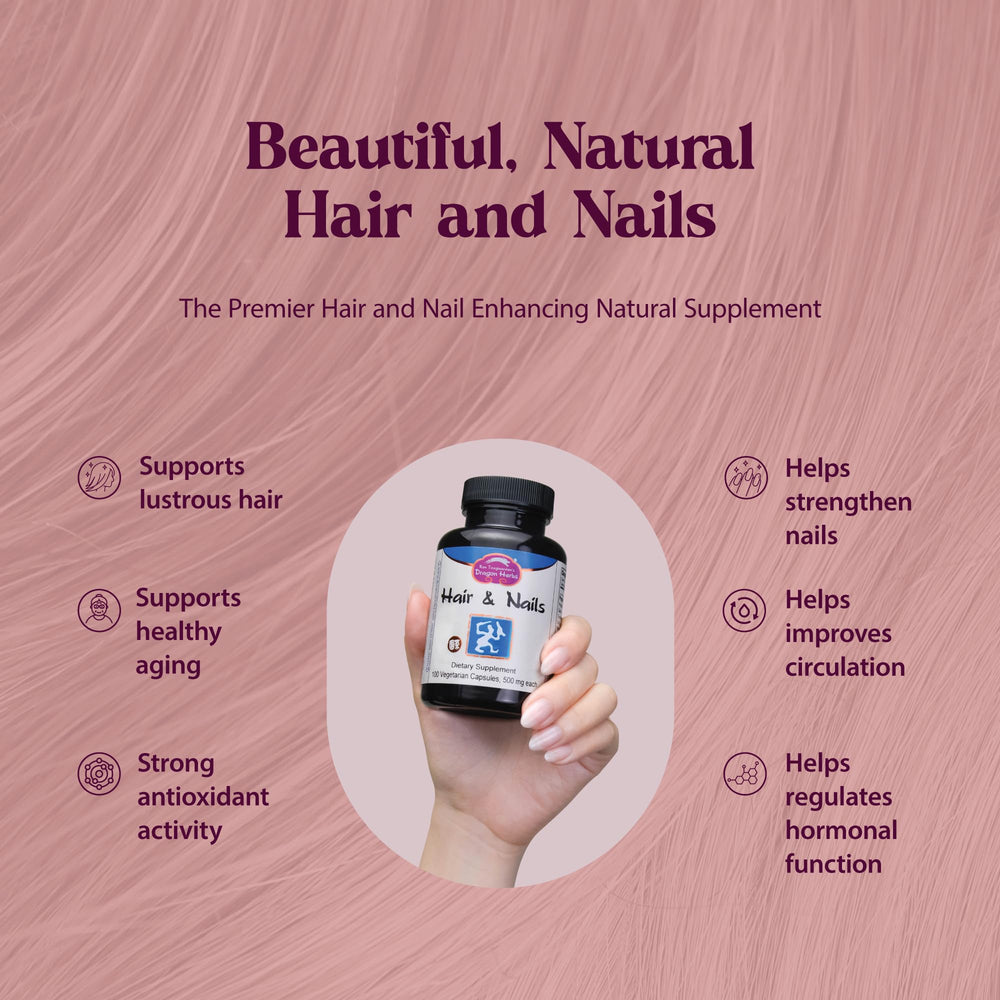 Dragon Herbs Hair and Nails capsules close-up, 500 mg per capsule for nourishment