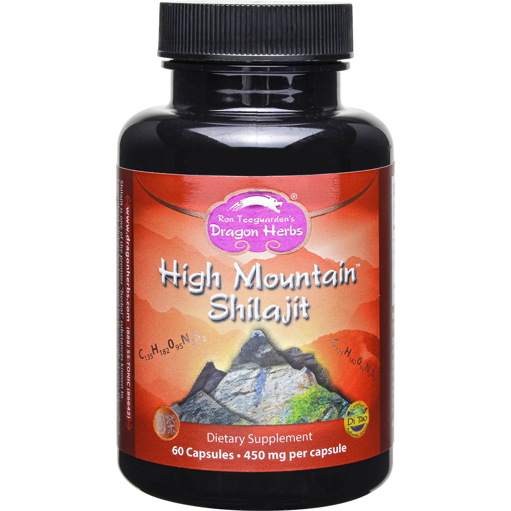 Dragon Herbs High Mountain Shilajit capsules closeup for daily vitality support.