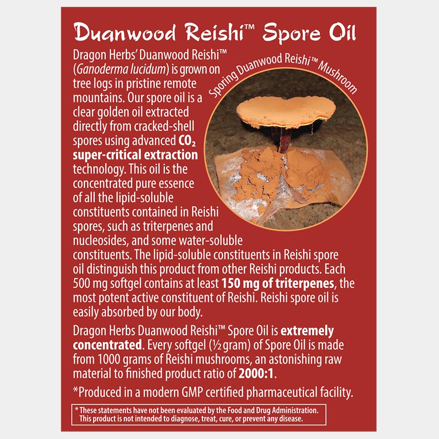 Dragon Herbs Reishi Spore Oil capsules closeup showing premium extraction.