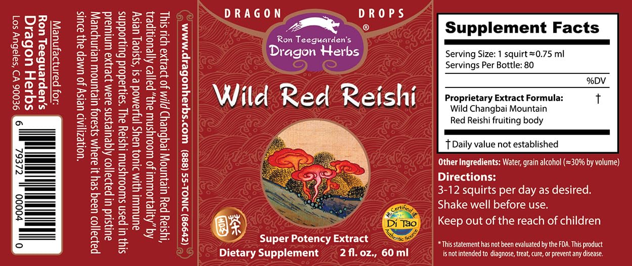 Dragon Herbs Wild Red Reishi Drops bottle pour illustrating easy daily dosing.