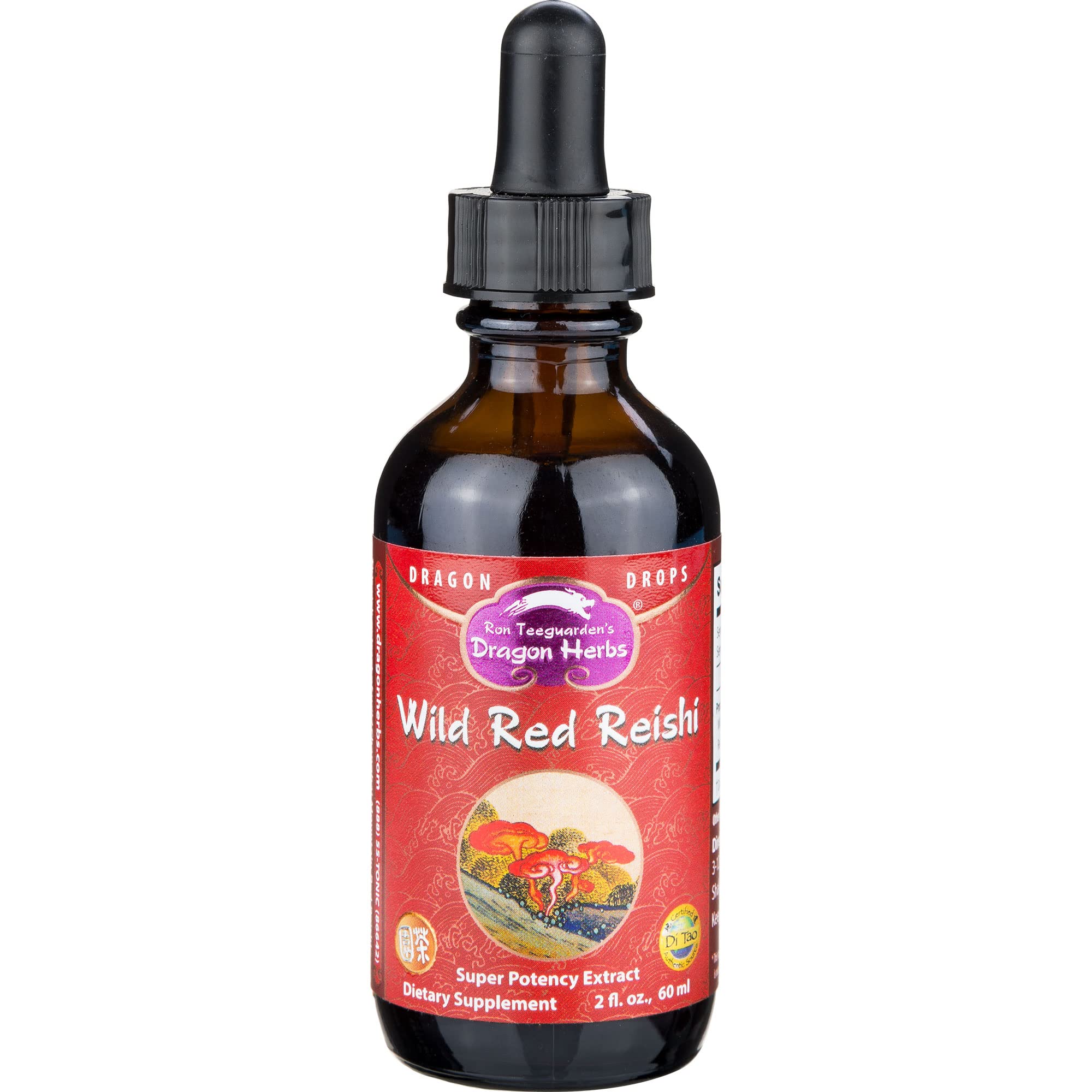 Dragon Herbs Wild Red Reishi Drops bottle shown for daily wellness support.