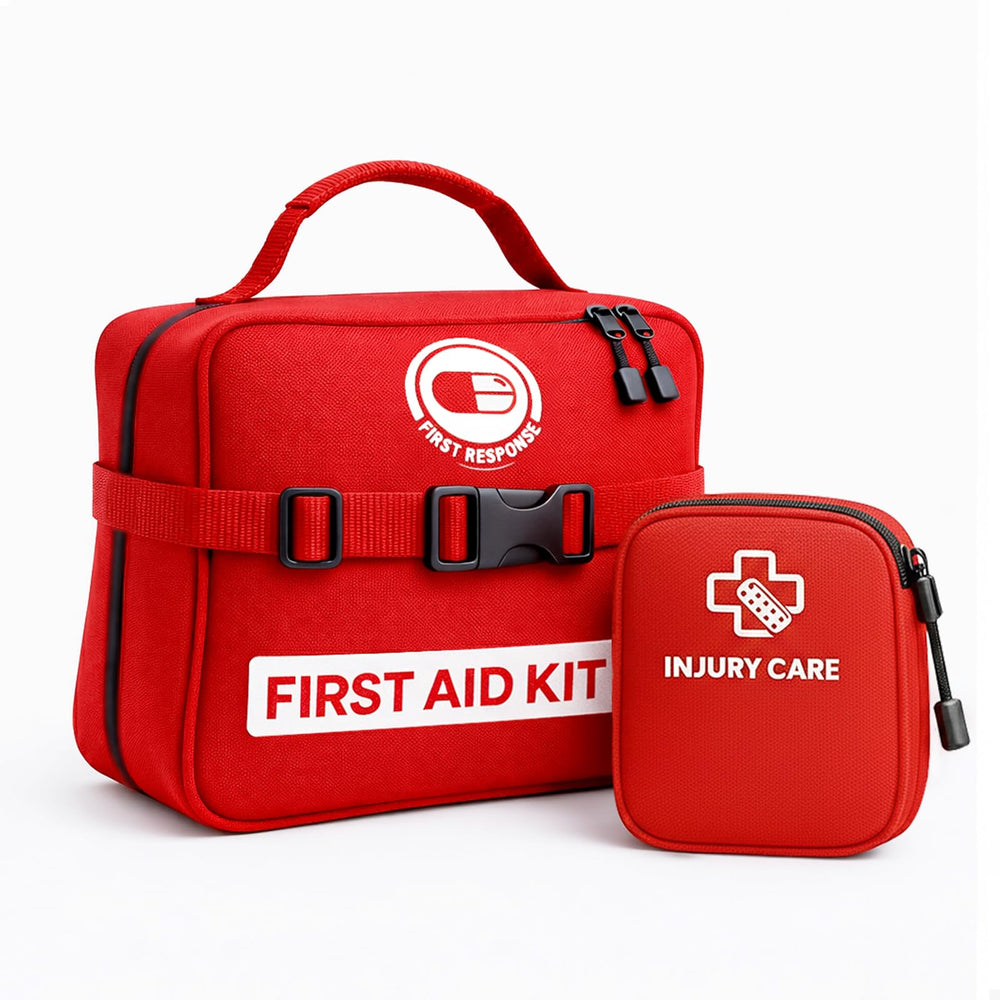 Dragon Me 430-piece first aid kit exterior in red, ready for home, office, or travel.
