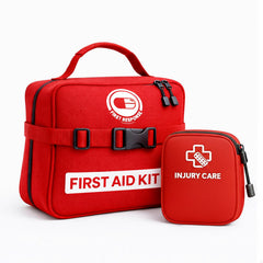 Dragon Me 430-piece first aid kit exterior in red, ready for home, office, or travel.