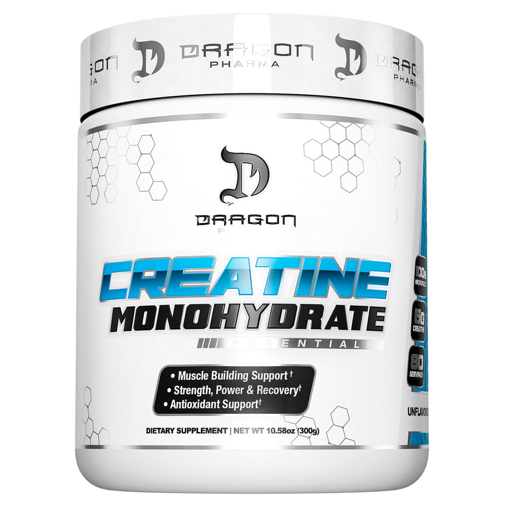 DRAGON PHARMA Creatine Monohydrate bottle front showing label and dosage