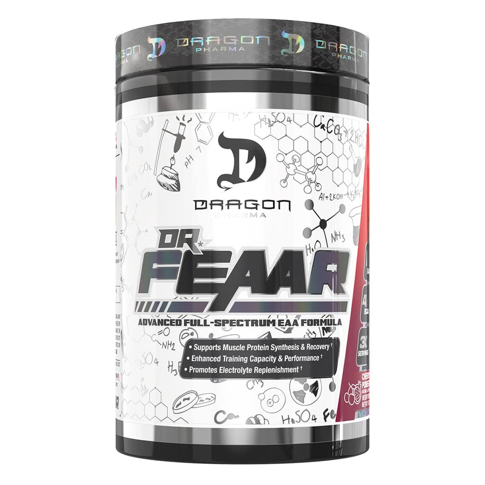 DRAGON PHARMA Dr. FEAAR bottle close-up highlighting full-spectrum EAA matrix.