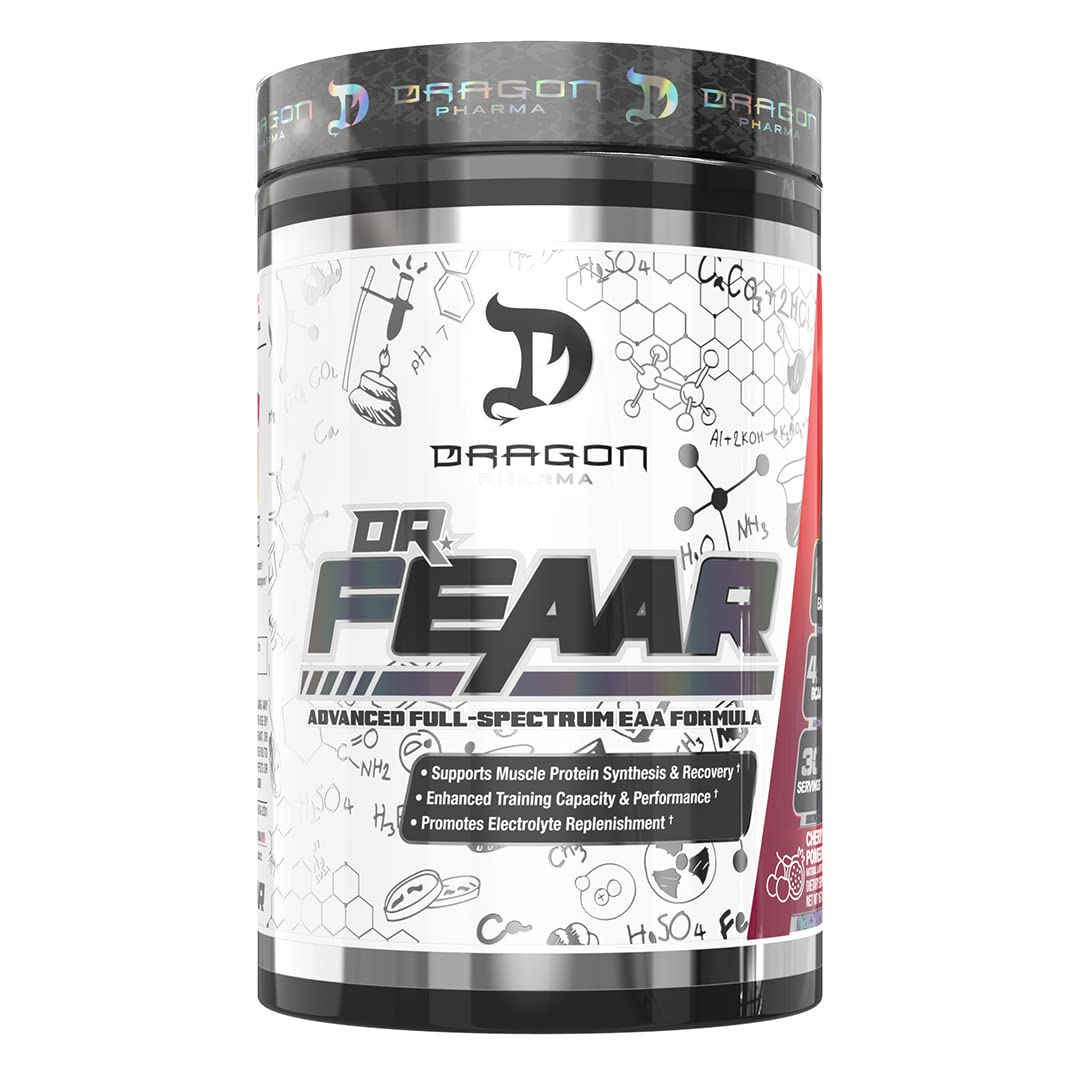 DRAGON PHARMA Dr. FEAAR bottle close-up highlighting full-spectrum EAA matrix.