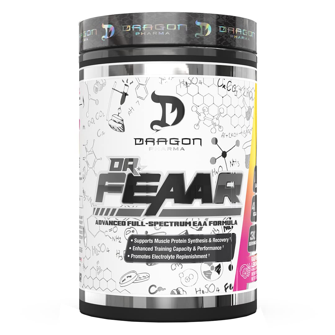 DRAGON PHARMA Dr. FEAAR bottle front shows full-spectrum amino matrix for recovery support.