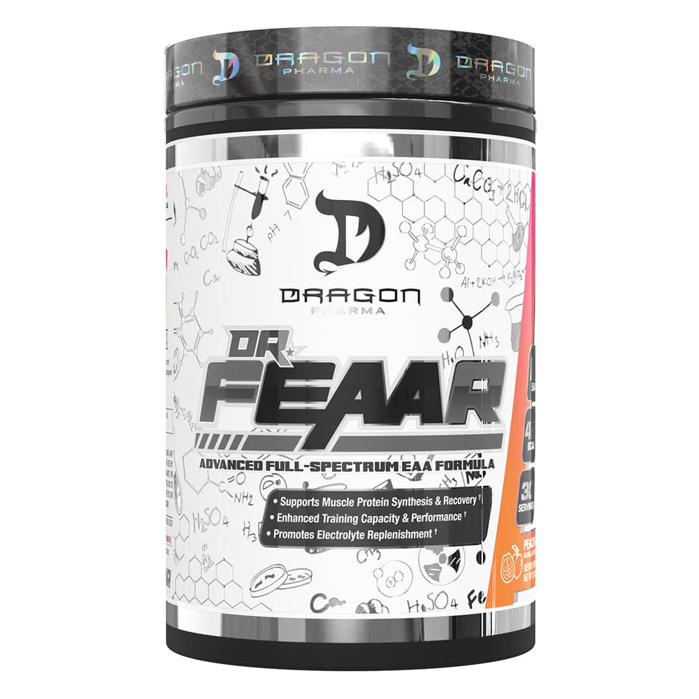 Dragon Pharma Dr. FEAAR bottle and pour, ideal for quick intra-workout fueling.