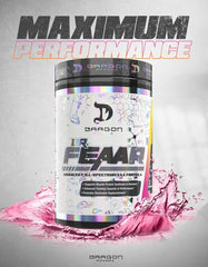 DRAGON PHARMA Dr. FEAAR flavor glass with raspberry slices communicates refreshing intake.
