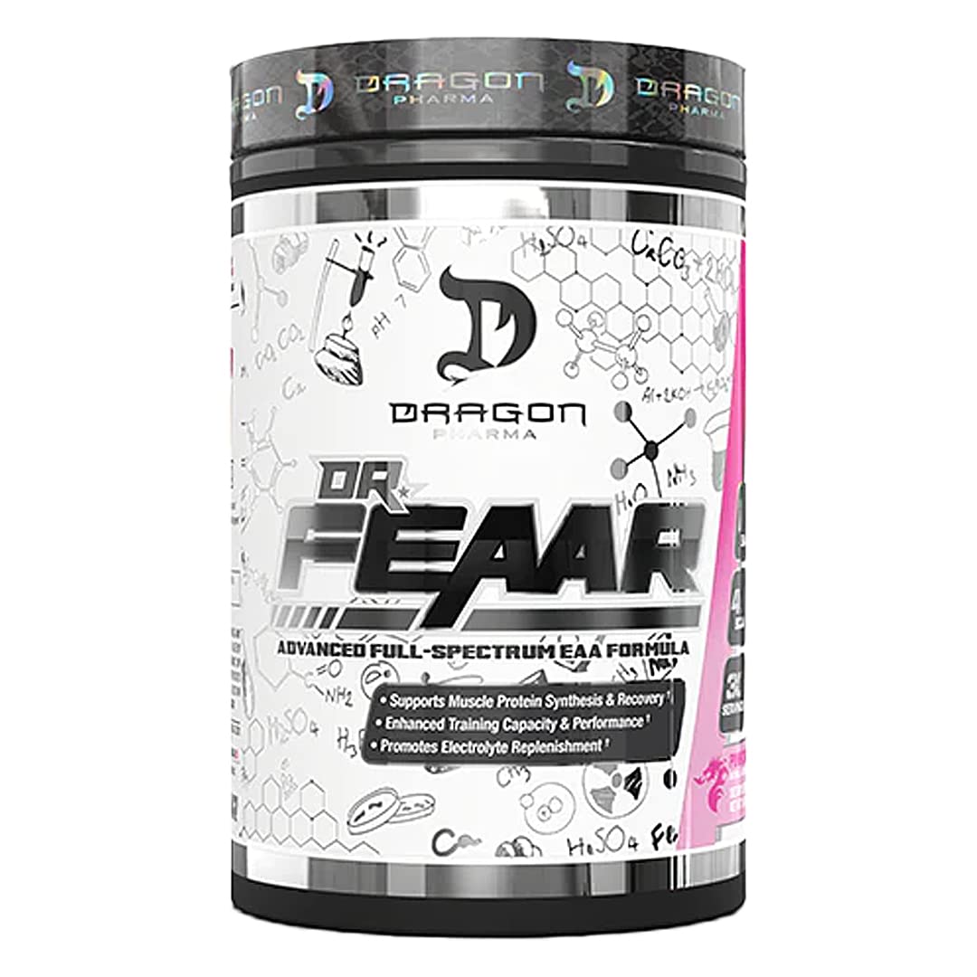 DRAGON PHARMA Dr. FEAAR full-spectrum EAA bottle shows a complete amino acid matrix for athletes