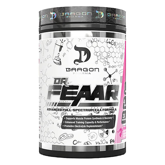 DRAGON PHARMA Dr. FEAAR full-spectrum EAA bottle shows a complete amino acid matrix for athletes