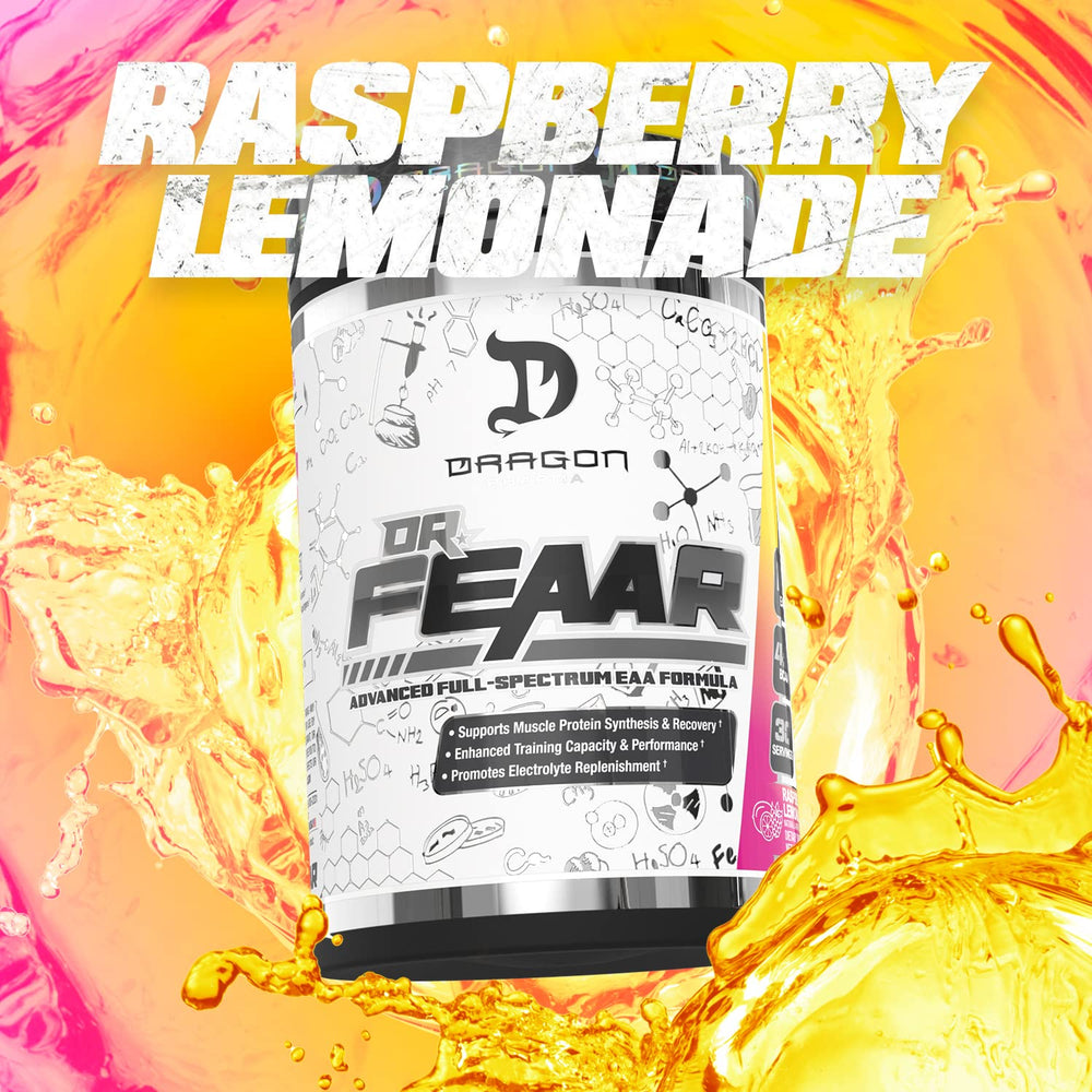 DRAGON PHARMA Dr. FEAAR label close-up highlights 4:1:1 BCAA and EAA blend.