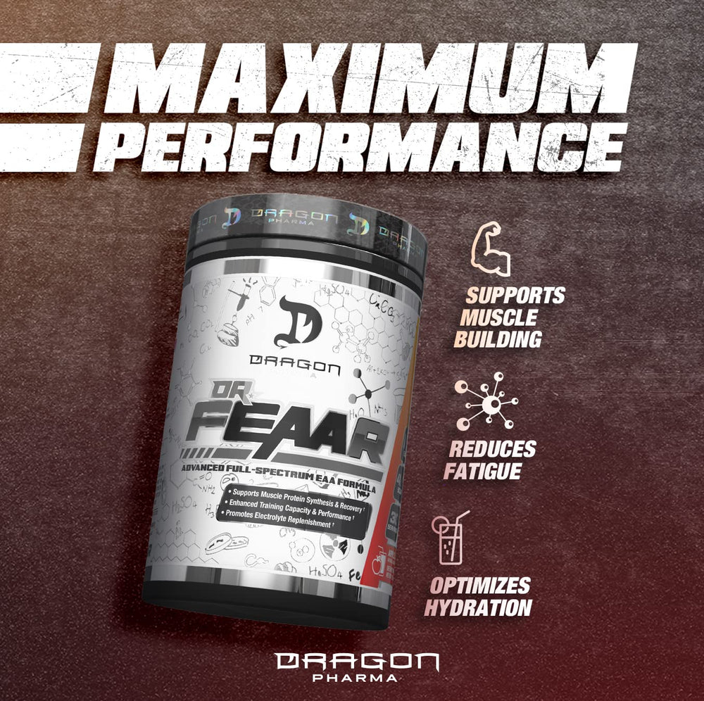 Shaker with DRAGON PHARMA Dr. FEAAR for pre- and post-workout use.