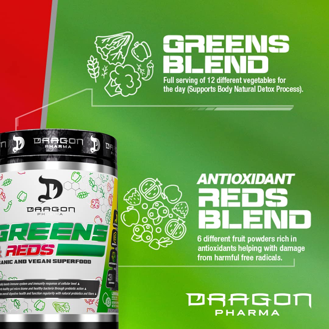 Dragon Pharma Greens and Reds label close-up highlighting organic and vegan ingredients.