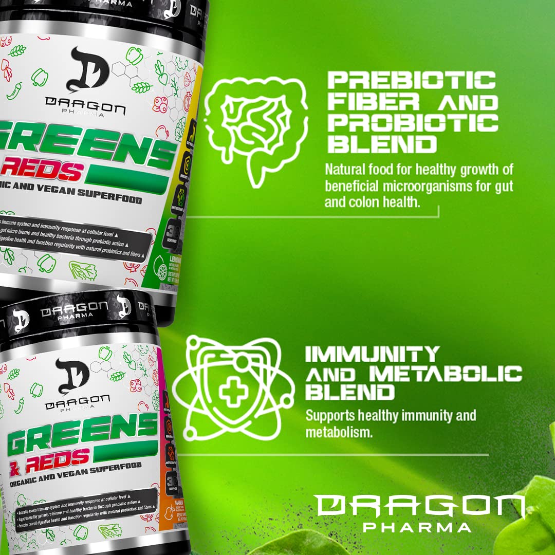 Dragon Pharma Greens and Reds packaging on a kitchen counter with fresh fruits.