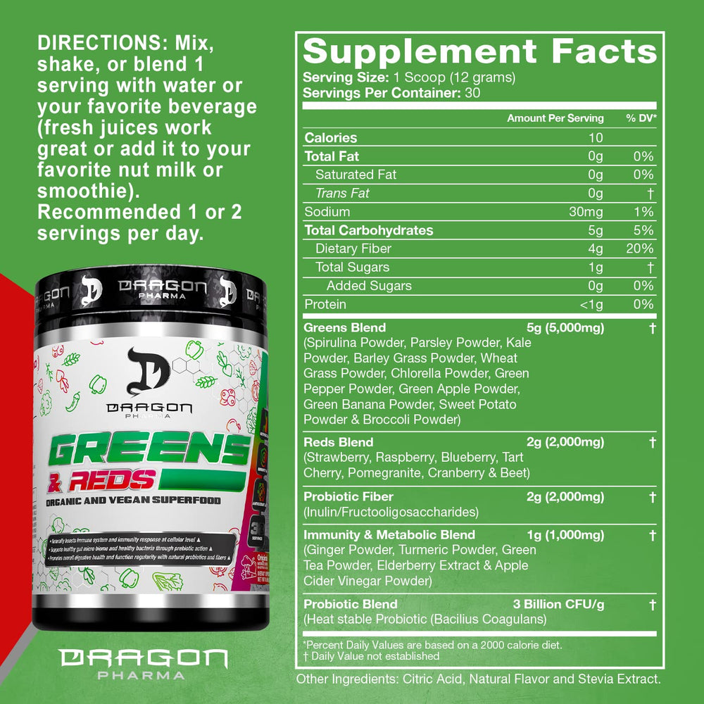 Dragon Pharma Greens and Reds being poured into a glass for a nutrient-packed drink.