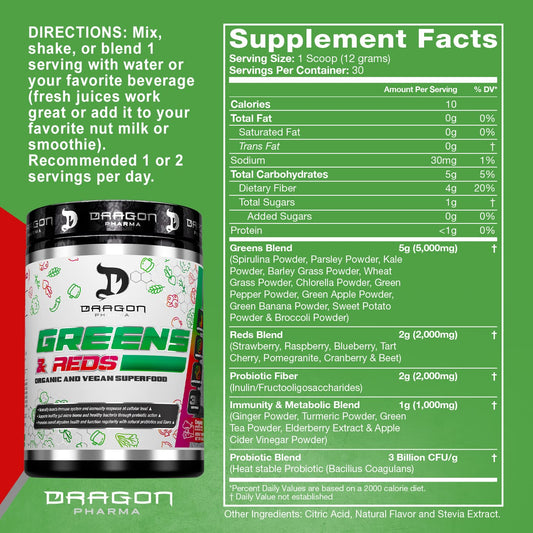Dragon Pharma Greens and Reds being poured into a glass for a nutrient-packed drink.