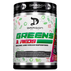 Dragon Pharma Greens and Reds tub front, home nutrition solution for daily wellness.