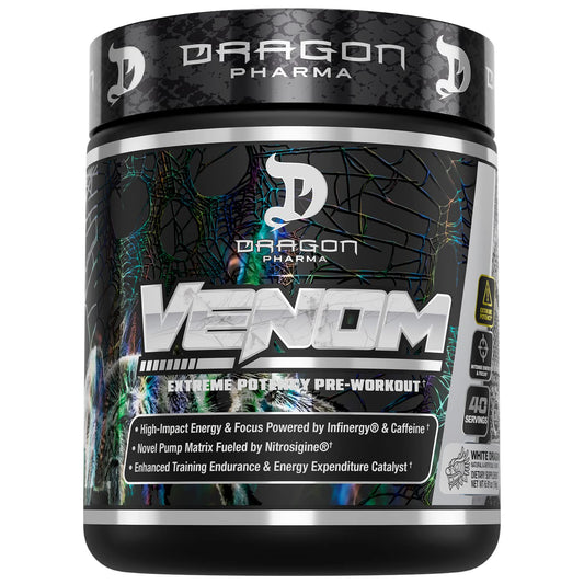 Dragon Pharma Venom Extreme bottle close-up for high-energy pre-workout use.