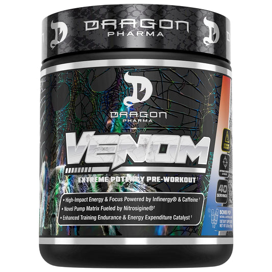 Dragon Pharma Venom Extreme bottle front displaying bold pre-workout energy.