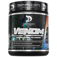Dragon Pharma Venom Extreme bottle front displaying bold pre-workout energy.