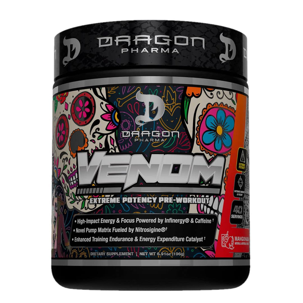 DRAGON PHARMA Venom Extreme bottle front signals intense pre-workout energy.