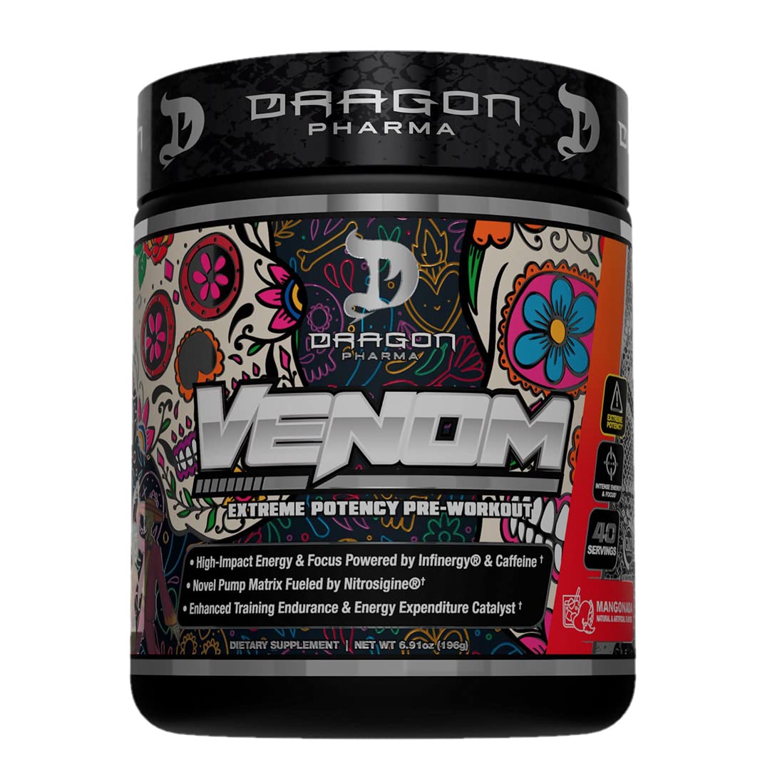 DRAGON PHARMA Venom Extreme bottle front signals intense pre-workout energy.
